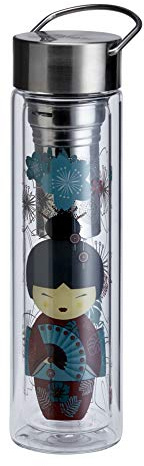 Eigenart Flowtea Little Geisha Red Teeflasche 400 ml doppelwandiges Glas mit Edelstahlsieb, Trinkflasche mit Neoprenhülle, BPA frei, für Tee Kaffee Smoothie, 6,5x23 cm