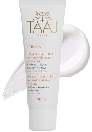 TAAJ | Crème Éclat Jour SPF 15 - KERALA | Crème jour anti taches, Teint unifié, Éclat ravivé | Amla, Manjishta, Punarnava, Acide Hyaluronique | Vegan, Cruelty Free, Fabriqué en France | 50 ml
