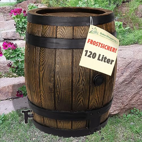Rain barrel OAK BARREL 120 liters FROST-PROOF Rain barrel with lid and tap, not only for the Mediterranean garden, beautiful, almost indestructible rainwater tank in wood look made of robust PE