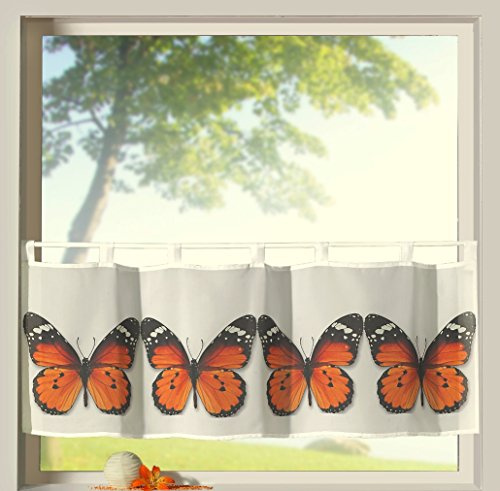 heimtexland ® Scheibengardine Frühling Schlaufenbistro Schmetterlinge in Kupfer hochwertiger Druck auf Voile in weiß Panneaux HxB 45x120cm Gardine Typ322