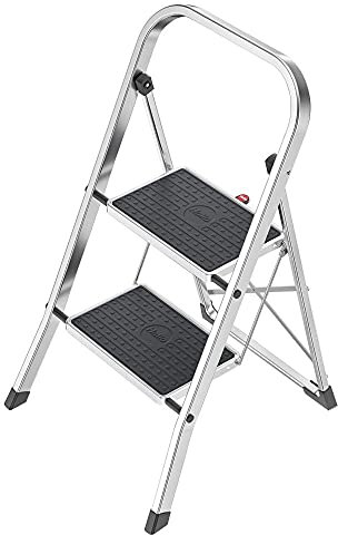 Hailo K70 StandardLine Alu-Klapptritt-Leiter - 2 große Stahl-Stufen mit Anti-Rutsch-Matten belastbar bis 150 kg - Trittleiter mit Klappsicherung - besonders leicht und einfach zu verstauen - Silber