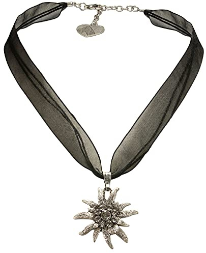 Alpenflüstern Bavarian organza necklace with rhinestone Edelweiss, Ladies costume jewelry, traditional german pendant necklace for Dirndl, Leather trouser, Oktoberfest (black)