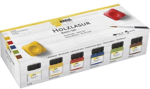 Kreul 78500 – Färgintensiv akrylträlasyr i set, 6 x 20 ml färg i vitt, solgul, körsbär, ultramarin, pistasch, maron och borste för obehandlat, naturligt trä och absorberande naturpapper