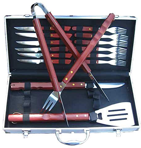 Land-Haus-Shop Edelstahl Grillbesteck Set im Aluminiumkoffer, Grill Geräte Besteck, Alu Koffer (LHS)
