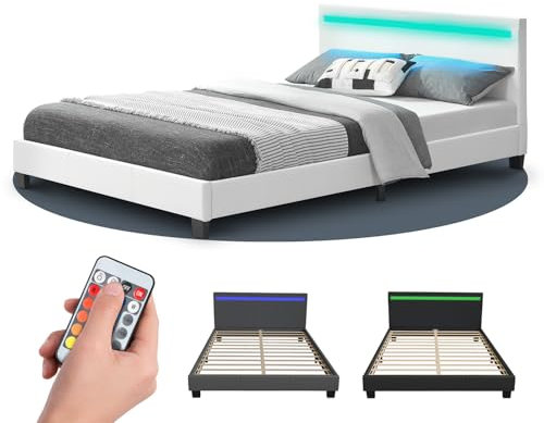 Juskys Lit rembourré Paris 140x200 cm avec éclairage LED, sommier à Lattes et tête de lit, Simili Cuir, Cadre de lit pour Adulte et ado, 1 Personne, Blanc