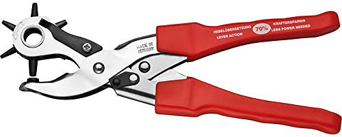 Format Hebel-Revolverlochzange 250mm, Stahl, Rot, Kunststoffgriffe, 6 auswechselbare Lochpfeifen (2-4,5mm), Manuell, 6mm Lochtiefe