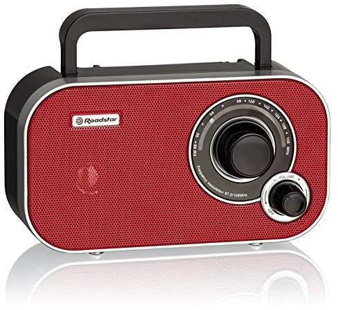 Roadstar TRA-2235RD Radio Portátil FM Analógica, Funciona a Red/Pilas, Toma de Auriculares, Transistor Pequeño y Ligero para Casa, Cocina, Altavoz 6.4W, Excelente Recepción, Rojo