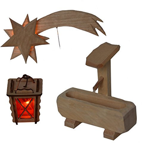 Alfred Kolbe Krippen AM 9 Weihnachtskrippen-Zubehör-Set Laterne und Holzkomet beleuchtet 4,5 V und Brunnen für 10-12 cm Figuren