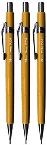 Pentel 0.9mm (P209) Yellow P200 Series Automatic Mechanical Draughting Pencil Refillable Lead Eraser P209-G (Pack Of 3)