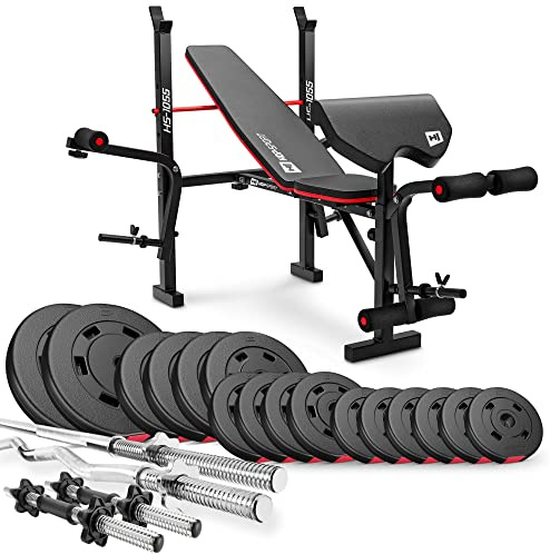 HOP-SPORT® Banc de Musculation Pliable HS-1055 avec Pupitre de Curl, Papillon, Presse à Jambes, Set de disques de Poids en Plastique 74 kg alésage 31 mm, Barres d'haltères, Longue et curl SZ, Noir