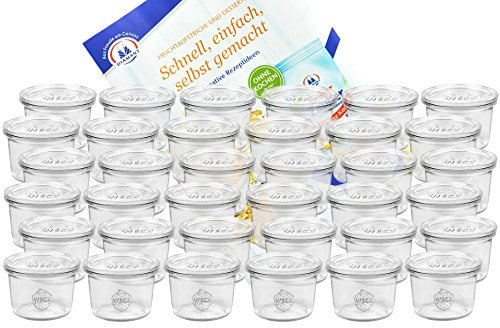 MamboCat 36er Set Weck Gläser 80ml Sturzgläser mit 36 Glasdeckeln mit Gelierzauber Rezeptheft von Diamantzucker I Original Weck Sturzglas Dessertglas I Einweckgläser mit Deckel für Kuchen Gelees
