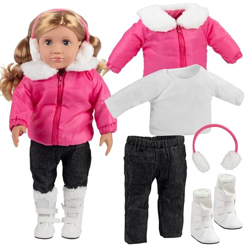 Winter Snow Doll Outfit for 18 Dolls-Premium Handmade 5pc Lodge Vacation Ski Clothes & Accessories Compatible w American Girl Doll- Includes Jacket, Boots, Earmuffs & More- Gifts for Girls, Birthdays