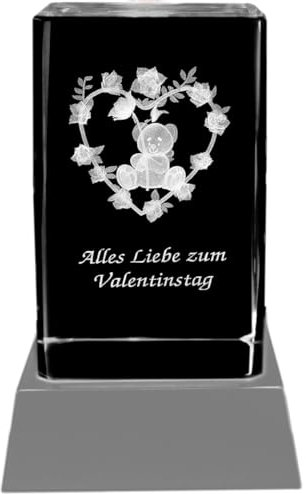 Kaltner Präsente Stimmungslicht – Ich liebe dich Geschenk, Valentinstagsgeschenk: LED Kerze/Kristall Glasblock / 3D-Laser-Gravur Valentin Teddy Rose Herz ALLES LIEBE ZUM VALENTINSTAG