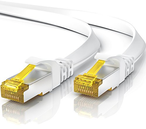 2 m CAT 7 Network Cable Flat, Ethernet Cable, Gigabit LAN 10 Gbps, Patch Cable, Flat Ribbon Cable, Installation Cable, Cat.7 Raw Cable, U FTP PIMF Shielding with RJ 45 Plug, Switch Router Modem, White