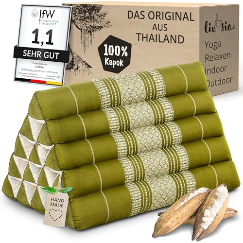 livasia Rückenstützkissen extrahoch - 38x55x35cm - Dreieckskissen für Garten und Balkon, Keilkissen mit Kapok, Lagerungskissen für Beine, handgefertigt, Meditationskissen (Grün)