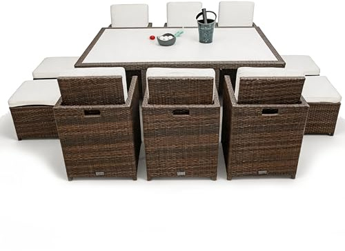 Ragnarök-Möbeldesign PolyRattan Essgruppe DEUTSCHE Marke - EIGNENE Produktion Tisch + 6 Stuhl & 4 Hocker - 8 Jahre GARANTIE - Garten Möbel incl. Glas und Sitzkissen braun Gartenmöbel