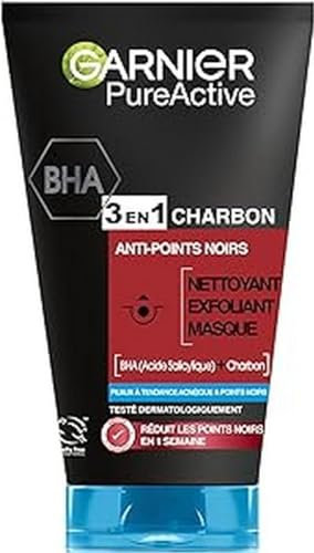 Garnier Maschera Punti Neri, Detergente e Scrub Viso Pure Active Intense 3 in 1 con Carbone Vegetale, 150 ml