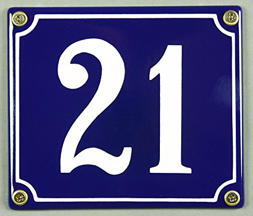 Emaille Hausnummernschild - Wählen Sie Ihre Nummer - Zahlen 1 bis 30 verfügbar - blau/weiß 12x12 cm und 12x14cm - sofort lieferbar! Hausnummer Schild wetterfest und lichtecht (21 blau/weiß 12x14cm)