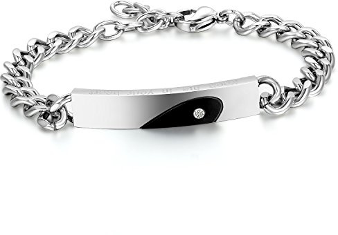 JewelryWe Schmuck Paar Love Herz Armband mit Gravur Edelstahl Bicolor Armbänder, schwarz Silber partnerarmband mit Zirkonia für Lieben Partner