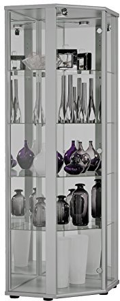 K-Möbel Eckvitrine in Alu/Silber (176x56,5x56,5 cm) mit 4 Glasböden, Schloss, Spiegel & LED - Modellauto Vitrine Silber - Vitrinenschrank Silber - Sammlervitrine - Wohnzimmerschrank Glasvitrine Glas