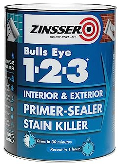 Zinsser Bullseye 1-2-3 Primer-Sealer & Stain Killer 5 Litre White | Water-based primer and sealer with strong adhesion, stain blocking and rust-inhibitive properties.