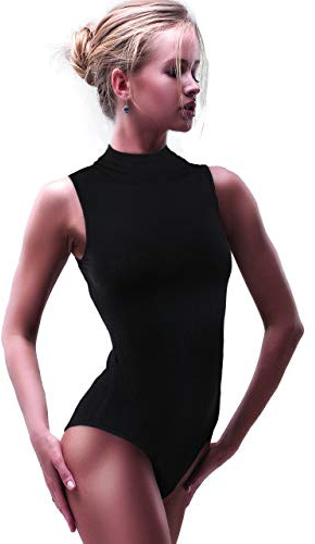 miorre Womens Turtleneck Modal Cotton Blend Sleeveless Bodysuit (L/XL, Black)