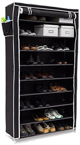 Relaxdays Scarpiera Valentin 161 X 88 X 30 cm, con Rivestimento in Stoffa, 10 Ripiani Scarpiera con Chiusura Lampo per Polvere, Supporto per 45 Paia di Scarpe, 161 X 88 X 30, Nero, metallo, 45 pairs