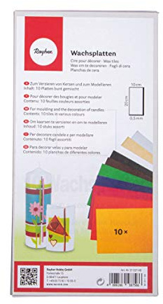Rayher 3102749 feuilles/plaques de cire , multicolore, 20X10 cm, épaisseur 0,5-0,6mm, 10 pièces, décoration de bougie, baptême, communion, confirmation, mariage, jubilé