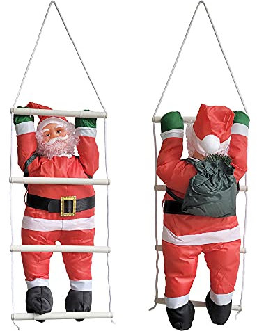 Figura di Babbo Natale Arrampicatore su Scala di Corda - Altezza totale 125 cm - Decorazione Natalizia per Uso Interno/Esterno