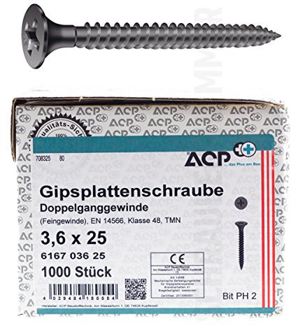 ACP Schnellbauschrauben Feingewinde 3,6 x 25 mm - 1000 Stück, PH 2, Gipsplattenschrauben mit Doppelganggewinde, phosphatiert