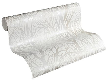 A.S. Création Vliestapete 10,05 m x 0,53 m mit modernem Waldmotiv - Weiß, Silber - Mustertapete im Metallic-Look Made in Germany - 300941
