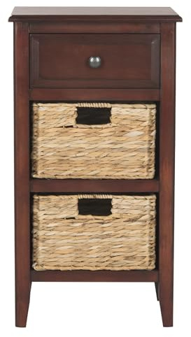 SAFAVIEH Home Collection – Everly Cherry 3-Drawer Side Table with Woven Basket Storage, Fully Assembled Farmhouse Accent Table (AMH5743C)