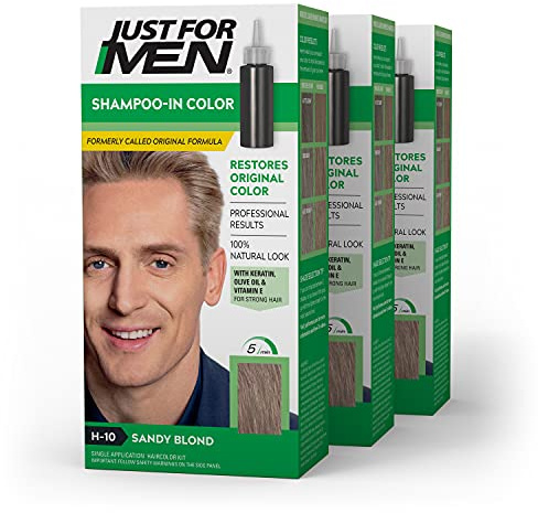 Just For Men Shampoo-In Color (Formerly Original Formula), Mens Hair Color with Keratin and Vitamin E for Stronger Hair - Sandy Blond, H-10, Pack of 3