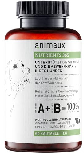 animaux Näringsämnen 365-60 tuggtabletter - vitaminer för hundar, stöd för ämnesomsättning, immunförsvar och skalning, med B-vitaminkomplex, omega 3, ginseng och mer