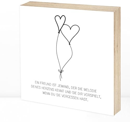 Wunderpixel® Holzbild Freundschaft Liebe - 15x15x2cm zum Hinstellen/Aufhängen, echter Fotodruck mit Spruch auf Holz - schwarz-weißes Wand-Bild Aufsteller zur Dekoration oder Geschenk-Idee