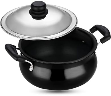 Vinod Black Pearl Hard Anodised Non Stick Handi with Lid - 2 Litre, Mini | 3.25mm Thickness | Biryani Pot | Indian Cooking Pot | Curry Pot | Metal Spoon Friendly | 2 Year Warranty | Toxin Free - Black
