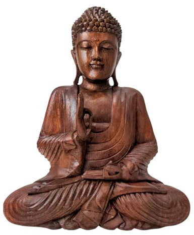 Artisanal Statue de Bouddha Assis en Bois Massif sculpté Main 30cm