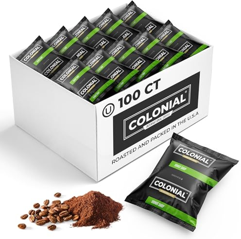Colonial Coffee 100 Count Single Pot Coffee Packets – 100% Arabica Donut Shop Blend Medium Roast | Pre-Measured Frac Packs for 12 Cup Maker | Bulk Ground Gourmet Coffee for Home & Office