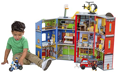 KidKraft Everyday Heroes Feuerwehrstation Spielset aus Holz mit Feuerwehrauto, Polizei Motorrad, Hubschrauber und Feuerwehrmann und Hund, Spielzeug für Kinder ab 3 Jahre, 63239