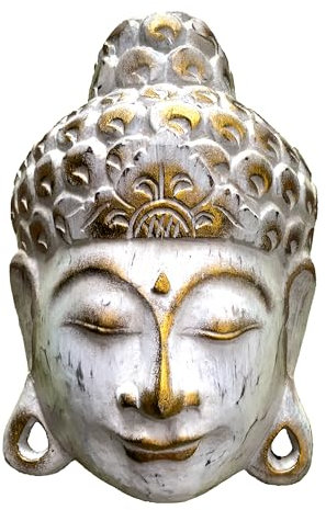 Maschera Buddha White Wash, realizzata a mano in legno Bali, maschera da parete, in 2 misure, 25 e 35 cm (25 cm)