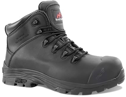 Rock Fall Denver Black Fibre Glass Toe Cap Black Boot, Fully Waterproof Safety Boots, SRC Slip Rated Work, Shock Absorbing Midsole and Heat Resistant UK 10