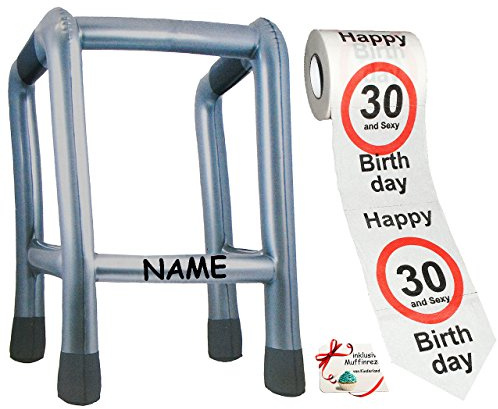 alles-meine.de GmbH 2 TLG. Set: __ Gehhilfe - (Aufblasbar) incl. Name + Toilettenpapier Rolle - 30. Geburtstag/dreißig und Sexy - Happy Birthday - lustiger Partyartikel -..