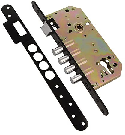 Amig - Cerradura de Embutir Con Bulones para Puertas de Madera Mod. 101-50/85 mm - Con Cilindro y Escudo de Seguridad - Picaporte Reversible - Acero Acabado en Negro