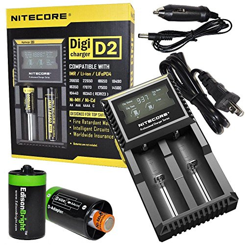 Nitecore D2 smart Charger 2015 version with LCD display For Li-ion, IMR, LiFePO4 26650 22650 18650 17670 18490 17500 18350 16340 RCR123 14500 10440 Ni-MH And Ni-Cd AA AAA AAAA C Rechargeable Batteries with Ac and 12V DC (Car) power cords, 2 x EdisonBright AA to D type battery spacer/converters