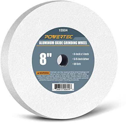 POWERTEC Bench Grinder Wheel 8 Inch 60 Grit, White Aluminum Oxide Grinding Wheel for Bench Pedestal Grinder, 1 Thick 5/8 Arbor, Sharpening & Shaping Drill Bits, Blade, and Chisel 1PK (15504)