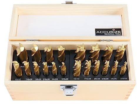 Accusize Industrial Tools 20-PC TiN-Coated H.S.S. End Mill Set, Inch Sizes 3/16 to 3/4, 2F and 4F, Straight Shank, Wood Case, 1810-0100