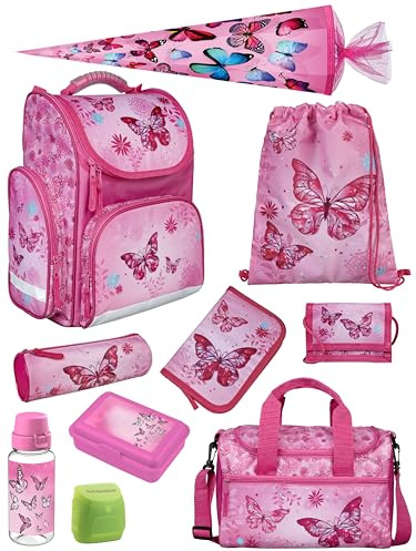 Familando - Schulranzen Set CLOU - 10-teilig mit Schultüte - Schmetterlinge - Ergonomisch, Stabil & mit gepolstertem Rücken - 930g leicht - 15L Volumen - Mit Reflektoren - ab 1. Klasse