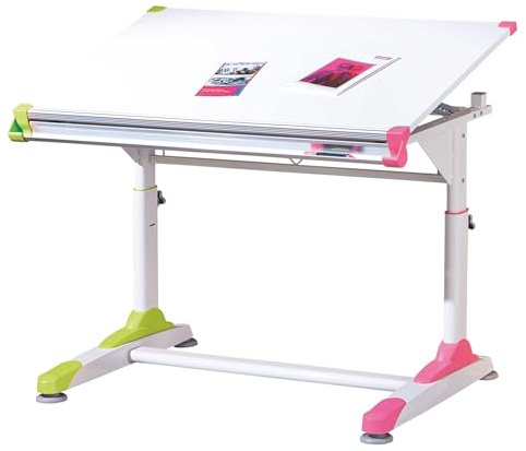 Inter Link - Scrivania regolabile in altezza - Scrivania per bambini - Scrivania per studenti - Inclinazione regolabile - Contenitore - Bianco con applicazioni rosa e verdi - 2Colorido