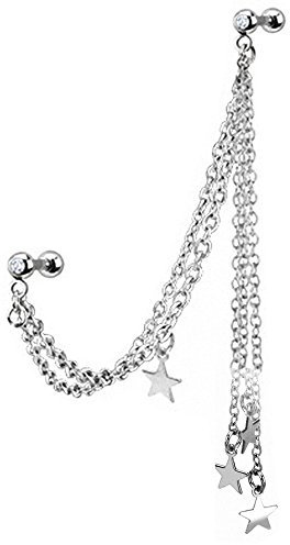 Piercingfaktor Piercing Ohr aus Chirurgenstahl mit Kristall Helix Tragus Ohrpiercing Cartilage Stab Barbell Stern Anhänger Kette Lang Silber