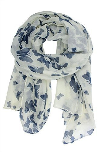 UK Seller!!! New Butterfly Print Ladies Celebrity Style Long Scarves Maxi Scarf, Stole, Wrap, Sarong, shawls. (White/Dark Blue)